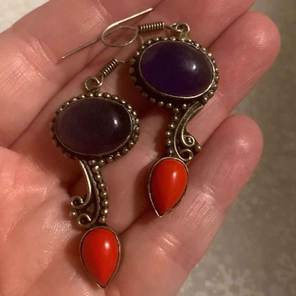 Sterling Silver 925 Blue Orange‎ Coral Drop Earrings Pierced